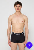 Schwarze Boxershorts mit einfarbigem Design und einem weißen "DIESEL"-Logo auf dem Bund. Elastisches, figurbetontes Material.