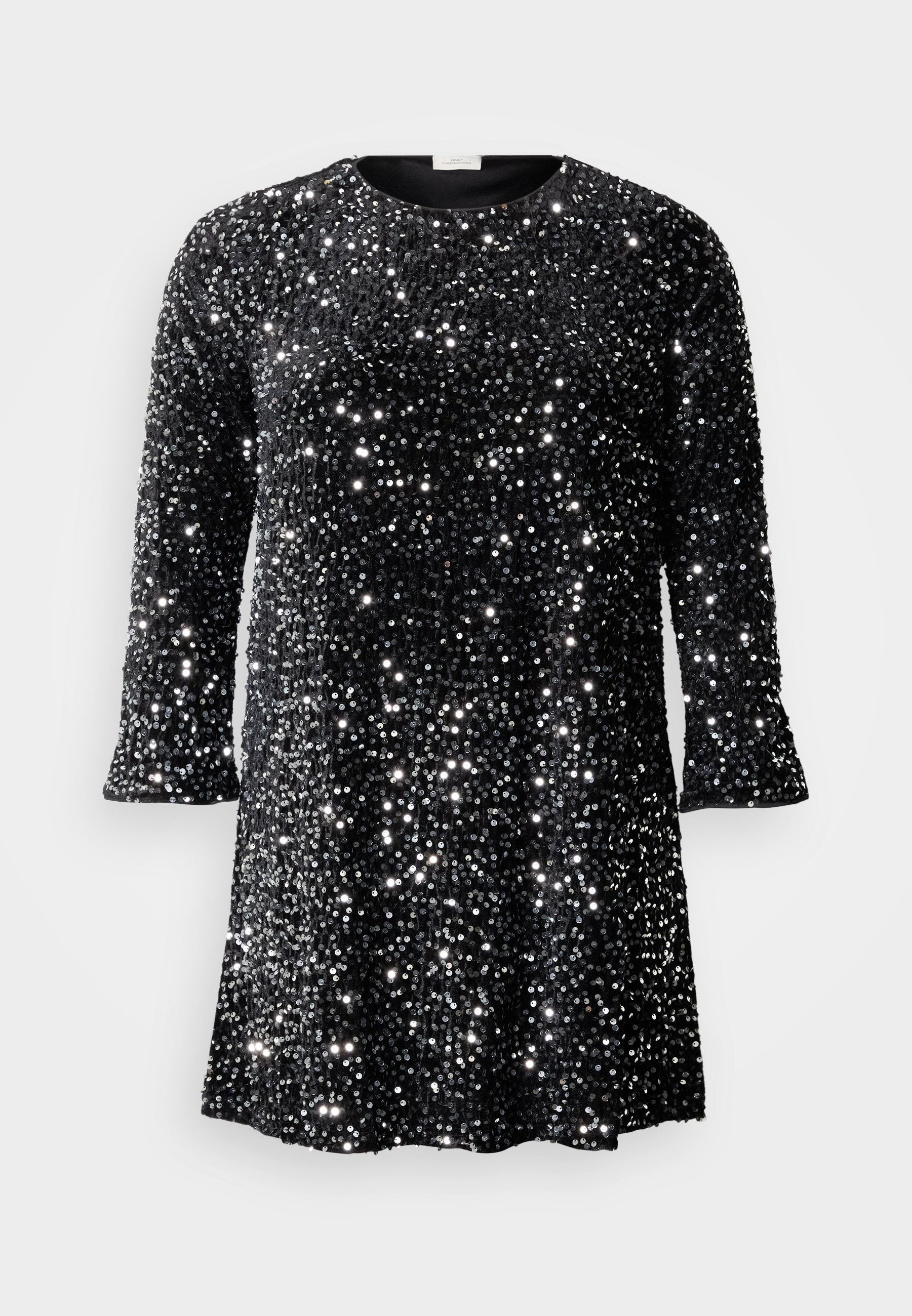 Schwarzes Paillettenkleid mit rundem Ausschnitt, dreiviertellangen Ärmeln und weiter Passform. Oberfläche bedeckt mit reflektierenden, runden Pailletten.