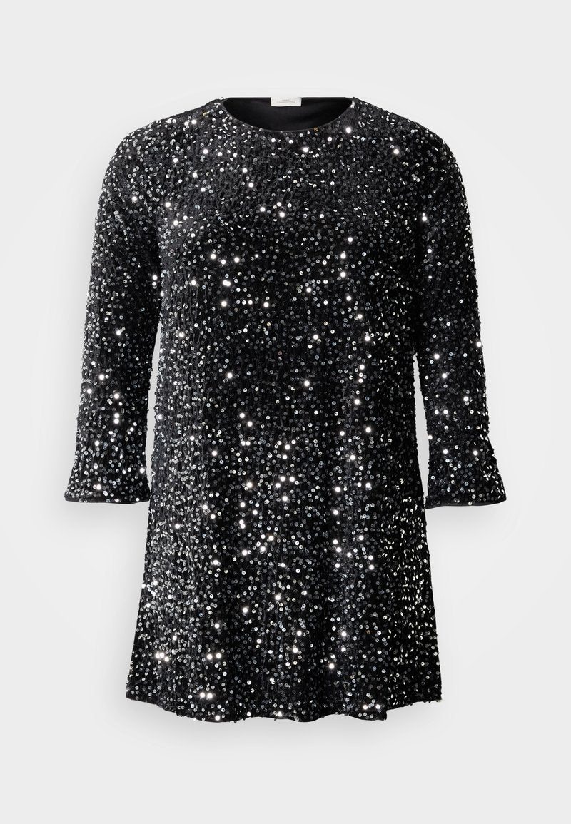 Schwarzes Paillettenkleid mit rundem Ausschnitt, dreiviertellangen Ärmeln und weiter Passform. Oberfläche bedeckt mit reflektierenden, runden Pailletten.