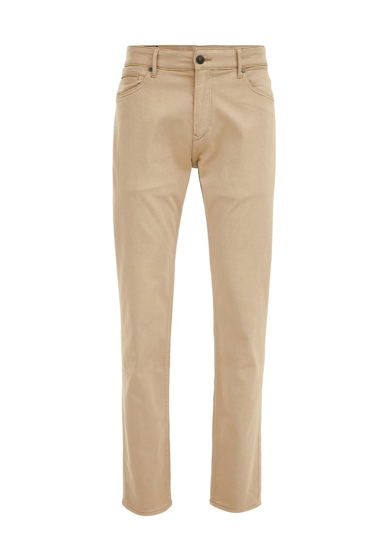 Beige Baumwoll-Denim-Hosen mit schlankem Schnitt, vier Taschen und einem Knopfverschluss vorne. Verfügt über subtile Nähte entlang der Säume.