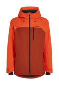 Orangene und braune wasserdichte Jacke mit einem Reißverschluss vorne, verstellbare Kapuze und zwei Reißverschlusstaschen sowie elastischen Bündchen für einen sicheren Sitz.