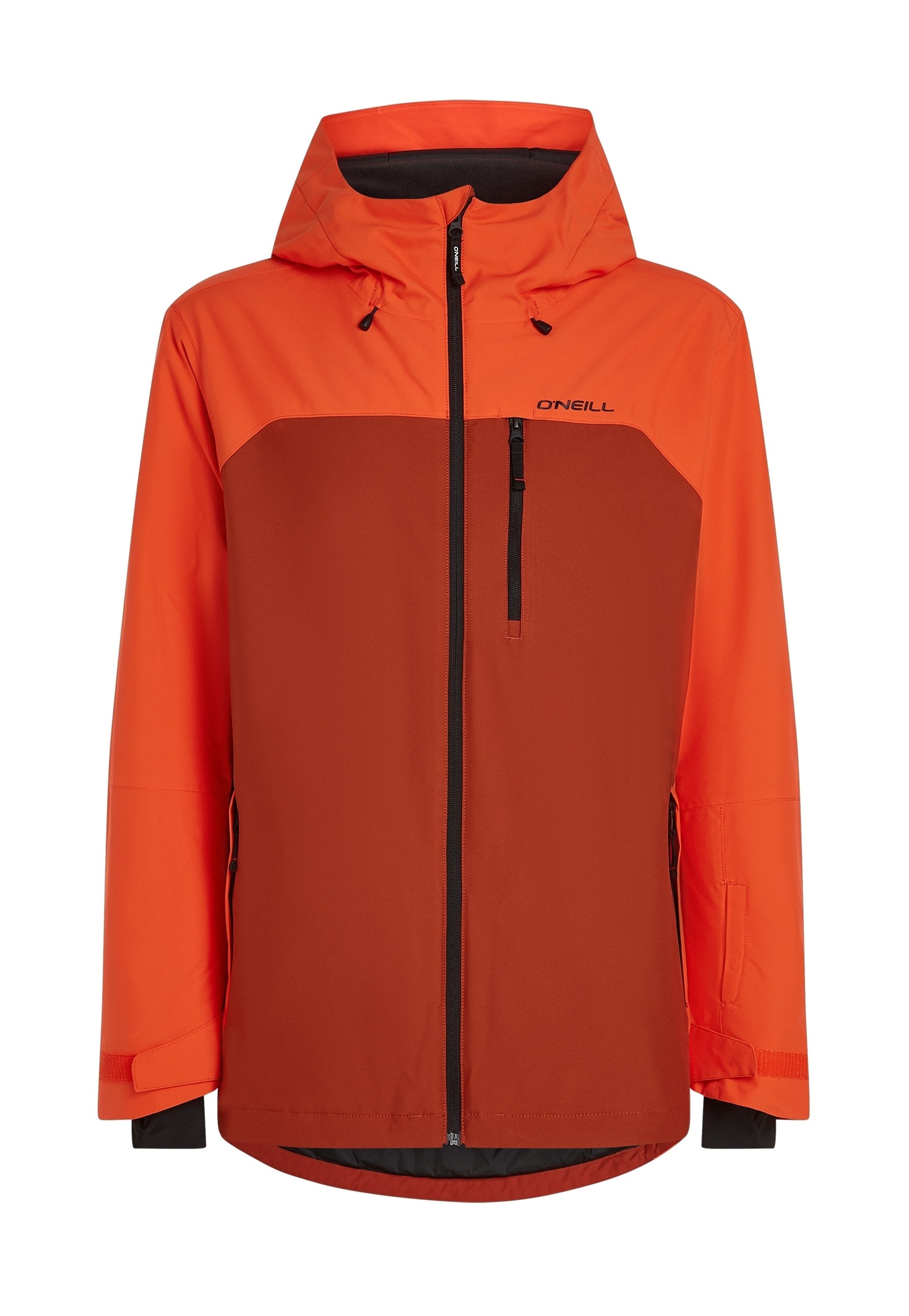 Orangene und braune wasserdichte Jacke mit einem Reißverschluss vorne, verstellbare Kapuze und zwei Reißverschlusstaschen sowie elastischen Bündchen für einen sicheren Sitz.