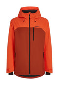 Orangene und braune wasserdichte Jacke mit einem Reißverschluss vorne, verstellbare Kapuze und zwei Reißverschlusstaschen sowie elastischen Bündchen für einen sicheren Sitz.