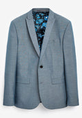 Hellblaues Blazer aus strukturiertem Stoff, mit einem einzigen Knopfverschluss, zwei Fronttaschen und einem schwarz floral gemusterten Futter.