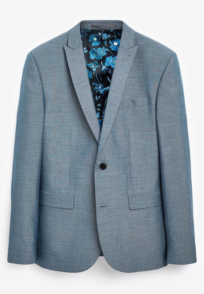 Hellblaues Blazer aus strukturiertem Stoff, mit einem einzigen Knopfverschluss, zwei Fronttaschen und einem schwarz floral gemusterten Futter.