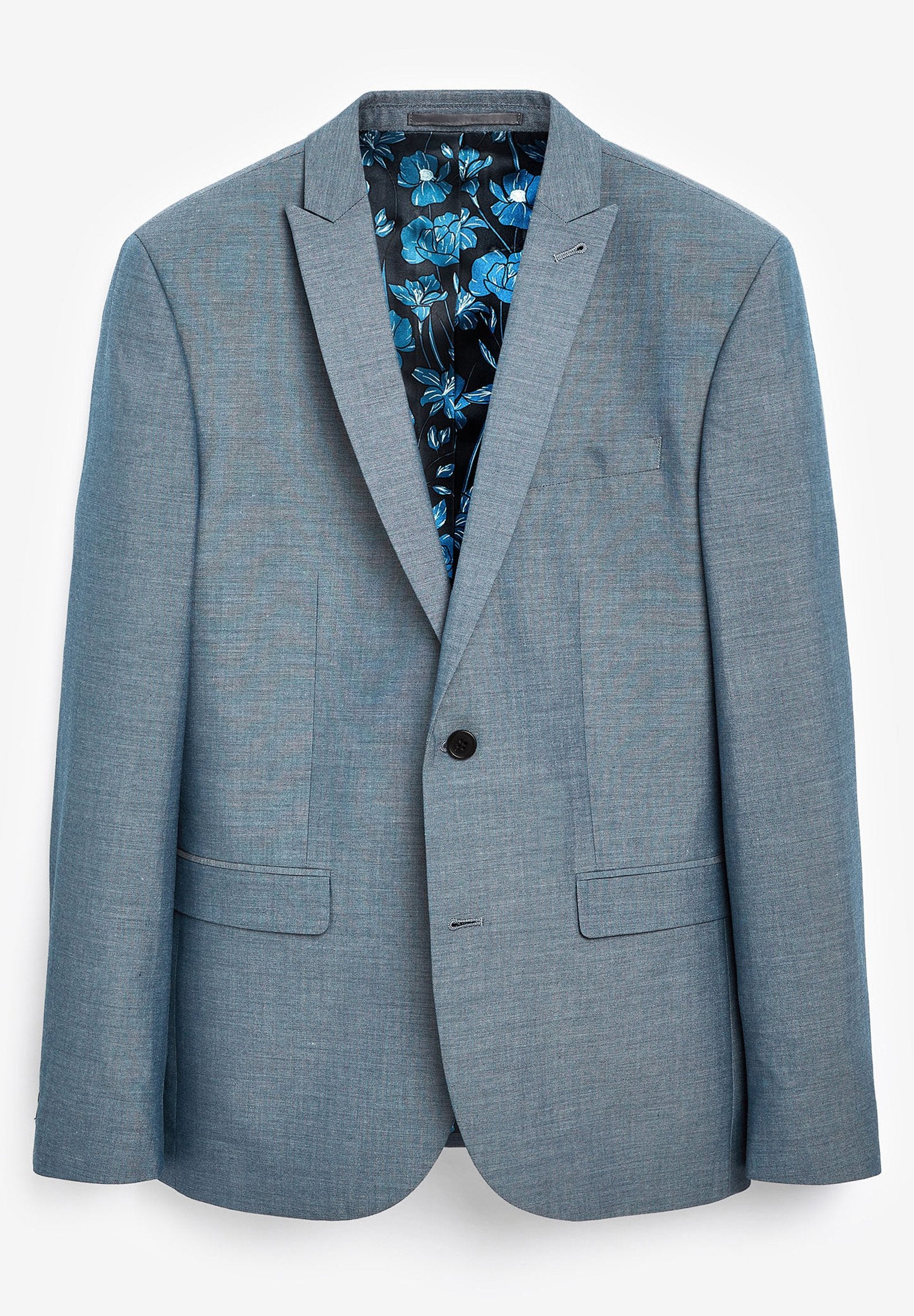 Hellblaues Blazer aus strukturiertem Stoff, mit einem einzigen Knopfverschluss, zwei Fronttaschen und einem schwarz floral gemusterten Futter.
