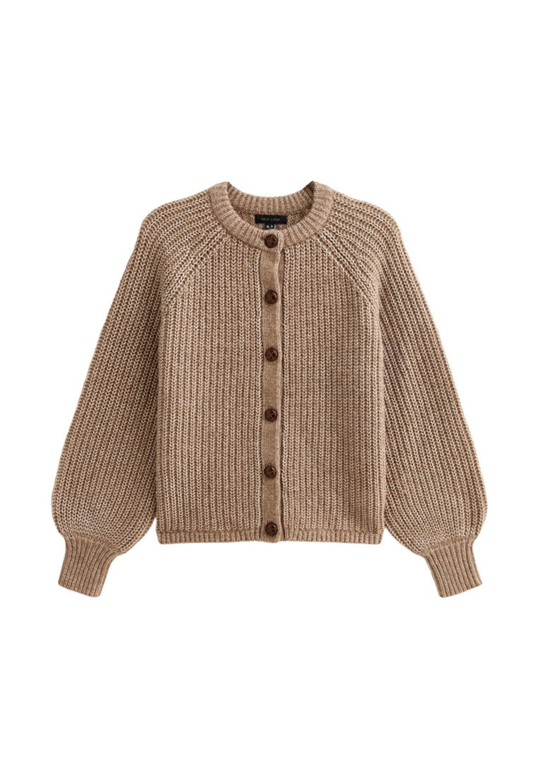 Beige gestrickte Strickjacke mit rundem Halsausschnitt, Knopfverschluss und Puffärmeln. Verfügt über eine gerippte Textur und fünf braune Knöpfe.