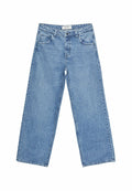 Hellblaue Jeans aus Denim mit hoher Taille, weitem Bein, fünf Taschen und gestickten Details an den Nähten und am Bund.