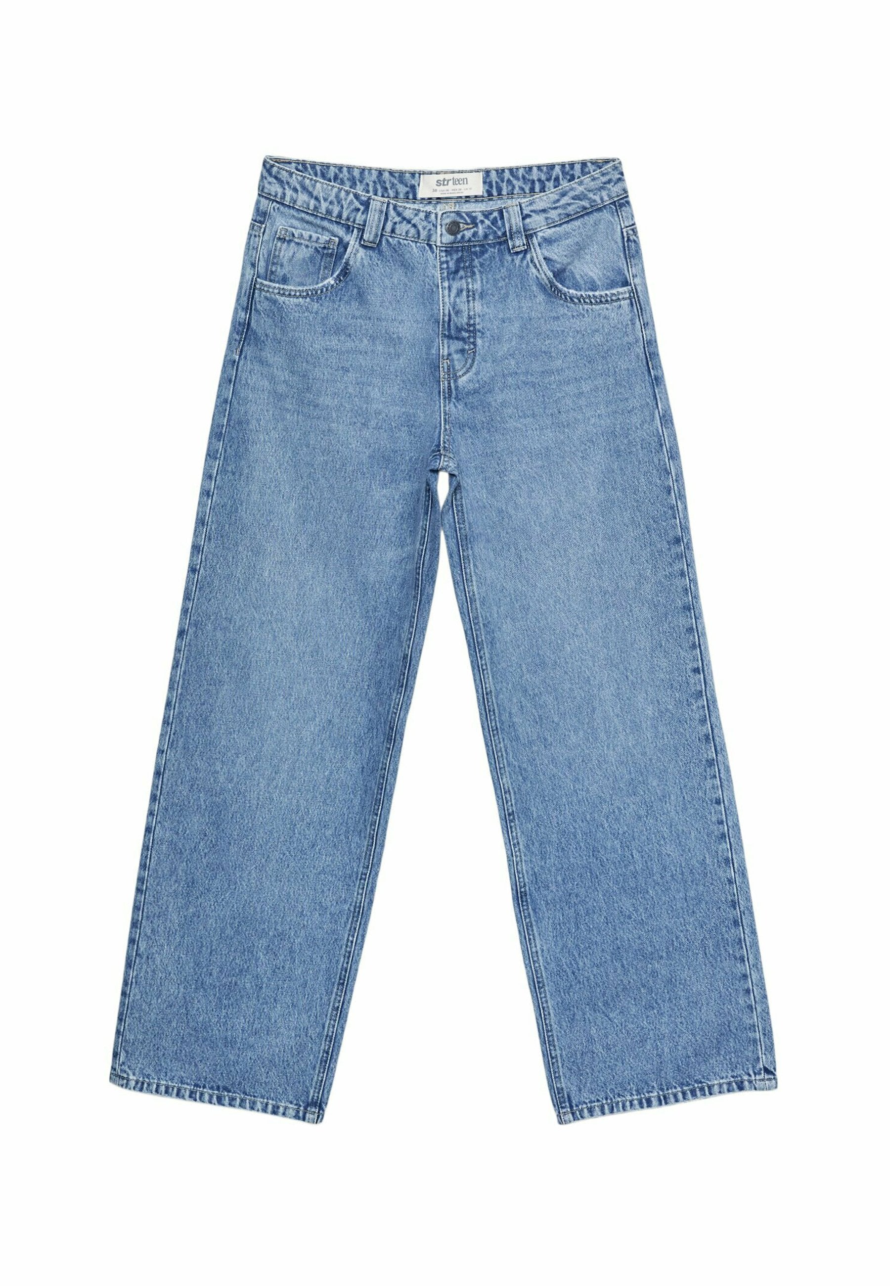 Hellblaue Jeans aus Denim mit hoher Taille, weitem Bein, fünf Taschen und gestickten Details an den Nähten und am Bund.