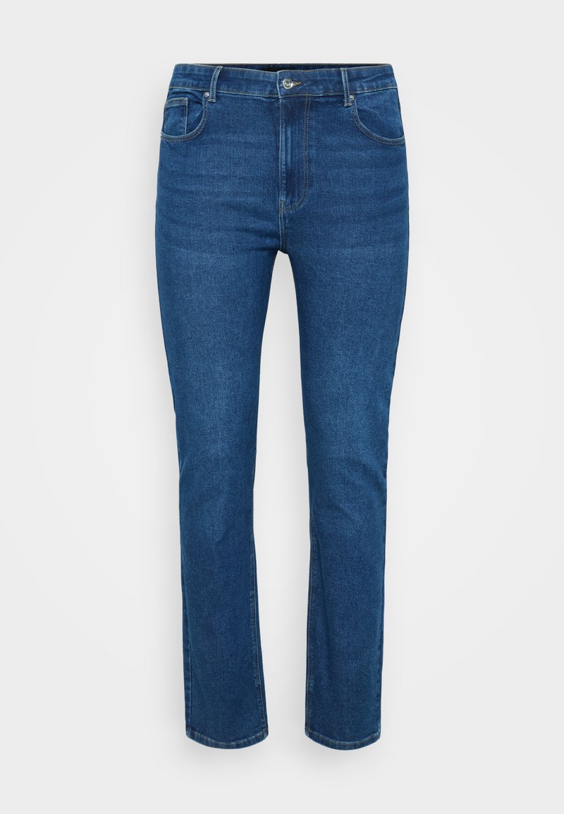 Blaue Denim-Jeans mit geradem Beinschnitt, kontrastierenden Nähten, fünf Taschen und einem Metallknopfverschluss an der Taille.