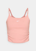 Rosa Sport-BH aus weichem Stoff, mit schmalen verstellbaren Trägern und einem weißen Nike-Logo auf der Vorderseite. Leichte Raffung an den Seiten.