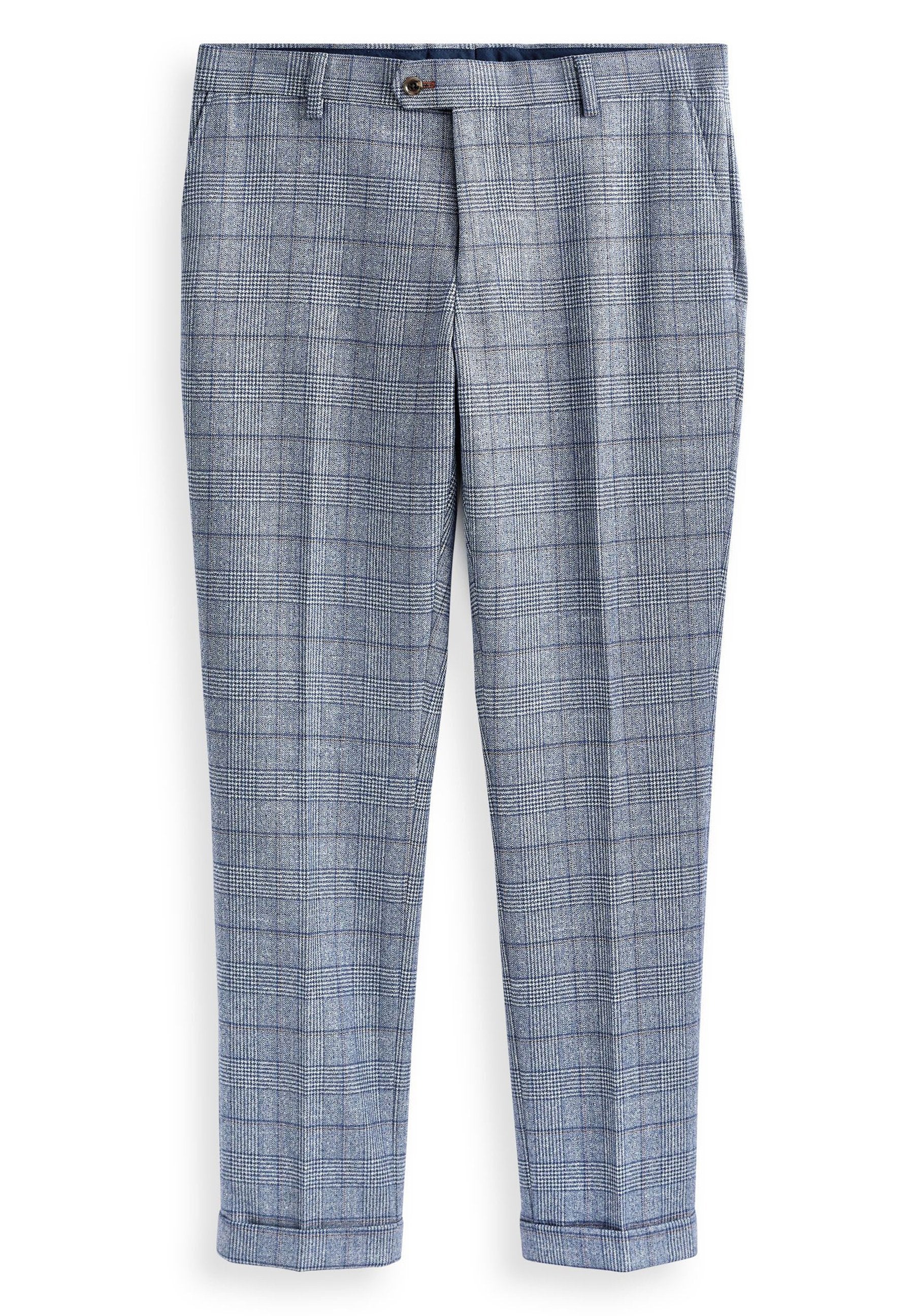 Grau- und blaue Karo-Hosen mit flachem Frontschnitt, seitlichen Taschen und umgeschlagenem Saum. Hergestellt aus einem strukturierten Stoff mit einem dezenten Muster.