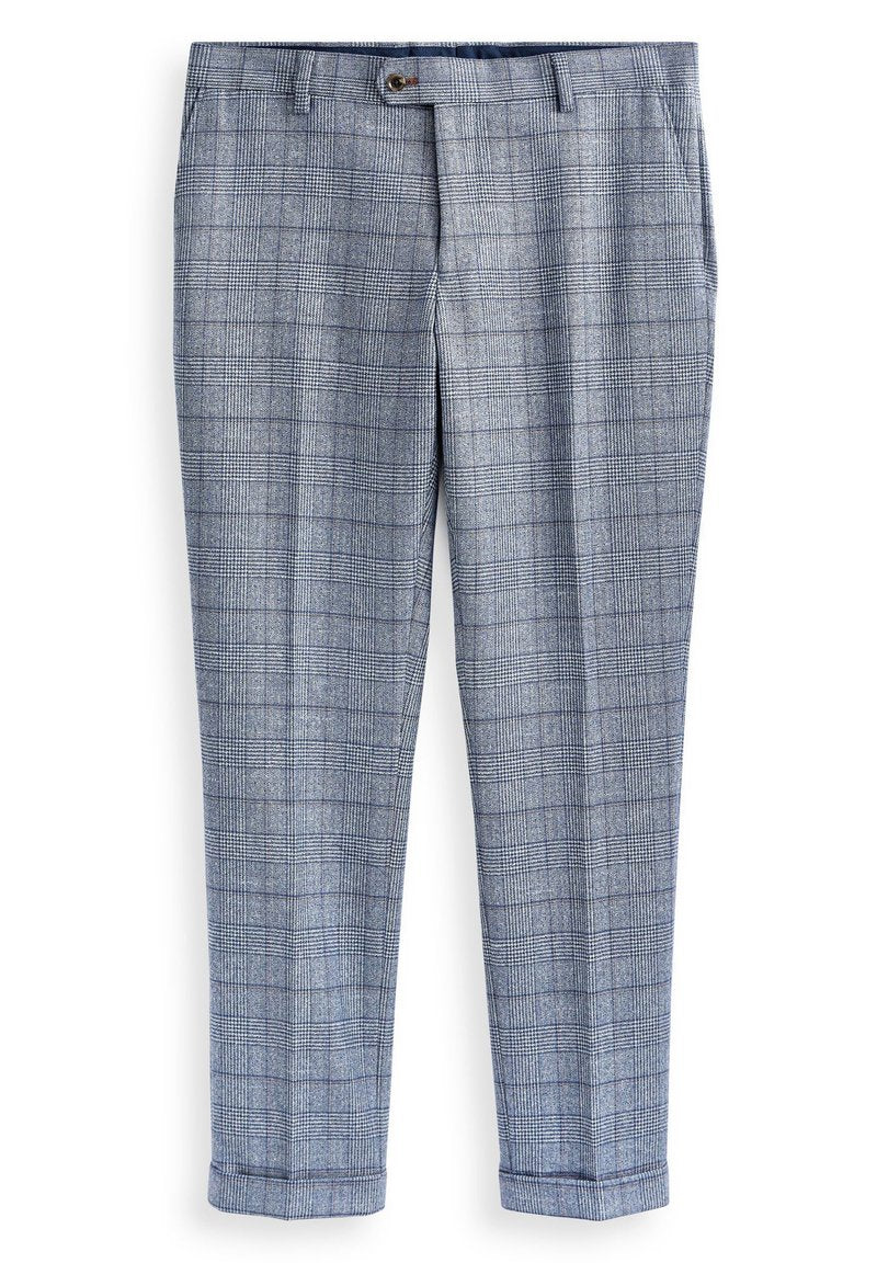 Grau- und blaue Karo-Hosen mit flachem Frontschnitt, seitlichen Taschen und umgeschlagenem Saum. Hergestellt aus einem strukturierten Stoff mit einem dezenten Muster.