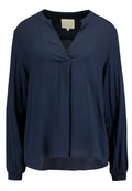 Marinebluse mit langen Ärmeln, V-Ausschnitt und FaltenDetail an der Vorderseite. Hergestellt aus glattem Stoff mit lockerem Schnitt und elastischen Bündchen.