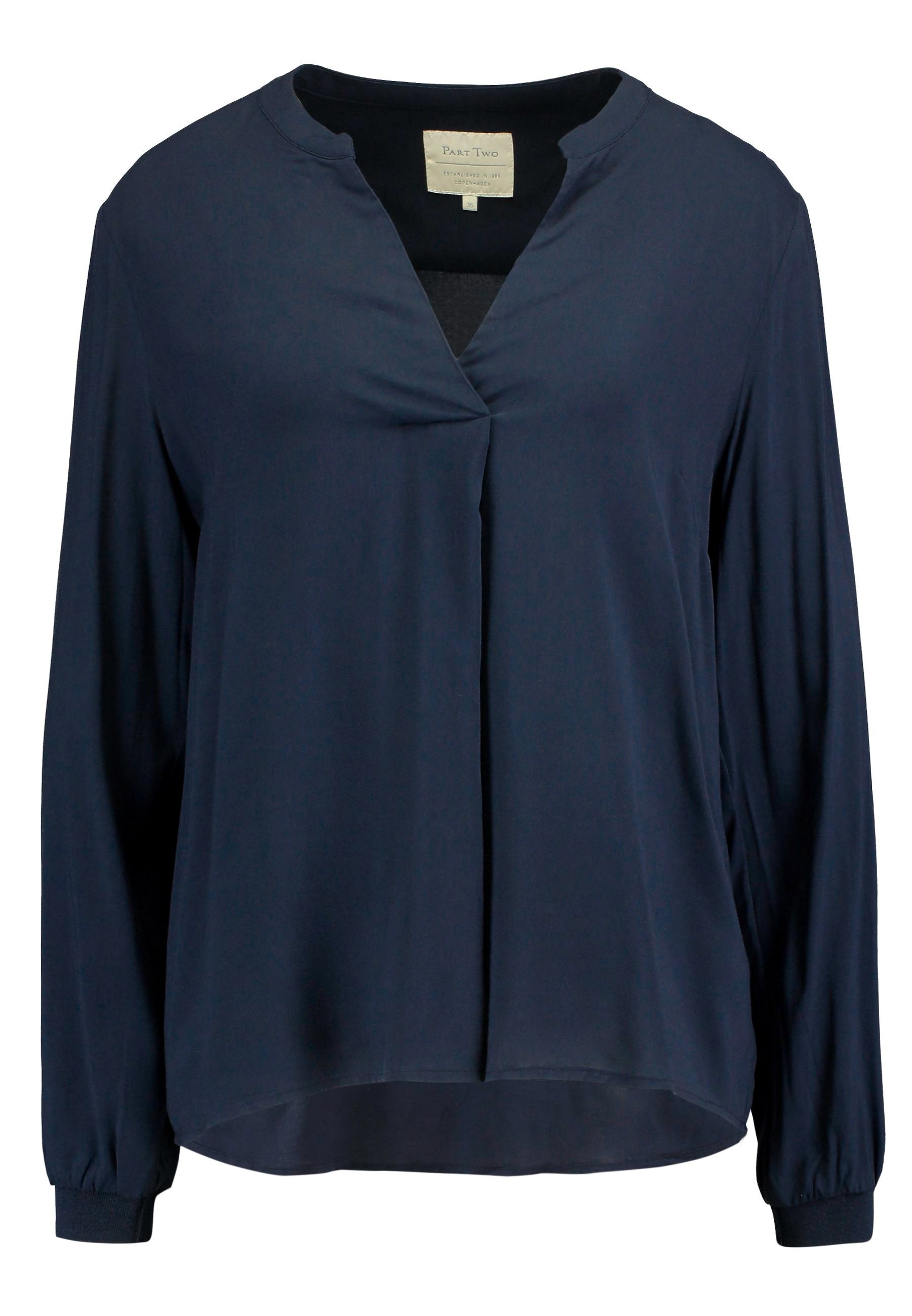 Marinebluse mit langen Ärmeln, V-Ausschnitt und FaltenDetail an der Vorderseite. Hergestellt aus glattem Stoff mit lockerem Schnitt und elastischen Bündchen.