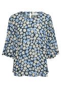 Dunkelgrüne Bluse mit weißem und hellblauem Blumenmuster, Rundhalsausschnitt und locker sitzenden, halblangen Ärmeln.