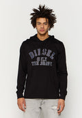 Schwarzer Langarm-Hoodie aus Baumwolle mit einer Kordelzugkapuze, auf dem in fetten blauen Buchstaben "DIESEL ONLY THE BRAVE" gedruckt ist.