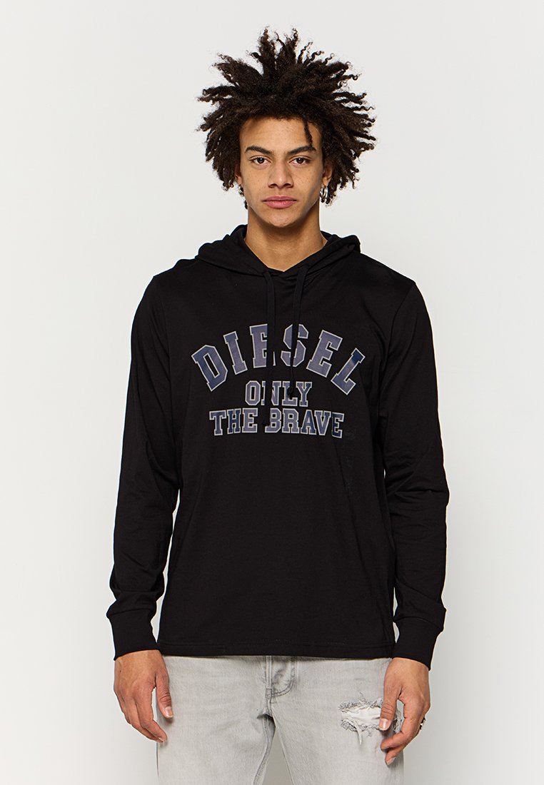 Schwarzer Langarm-Hoodie aus Baumwolle mit einer Kordelzugkapuze, auf dem in fetten blauen Buchstaben "DIESEL ONLY THE BRAVE" gedruckt ist.