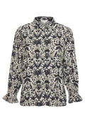 Bluse mit floralem Muster in Creme, Marineblau und Gold. Verfügt über einen Kragen, lange Ärmel mit elastischen Bündchen und eine lässige Passform.