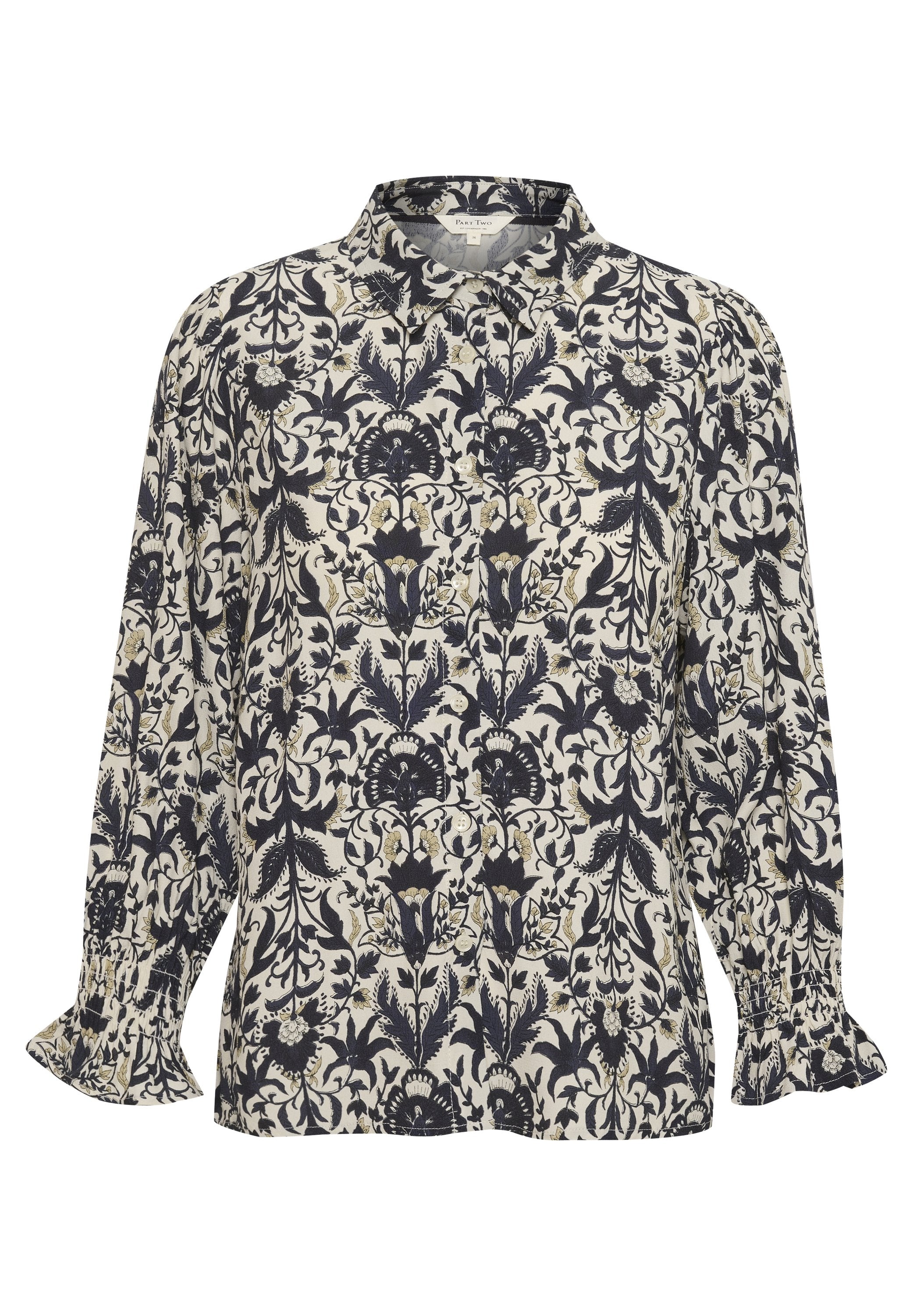 Bluse mit floralem Muster in Creme, Marineblau und Gold. Verfügt über einen Kragen, lange Ärmel mit elastischen Bündchen und eine lässige Passform.