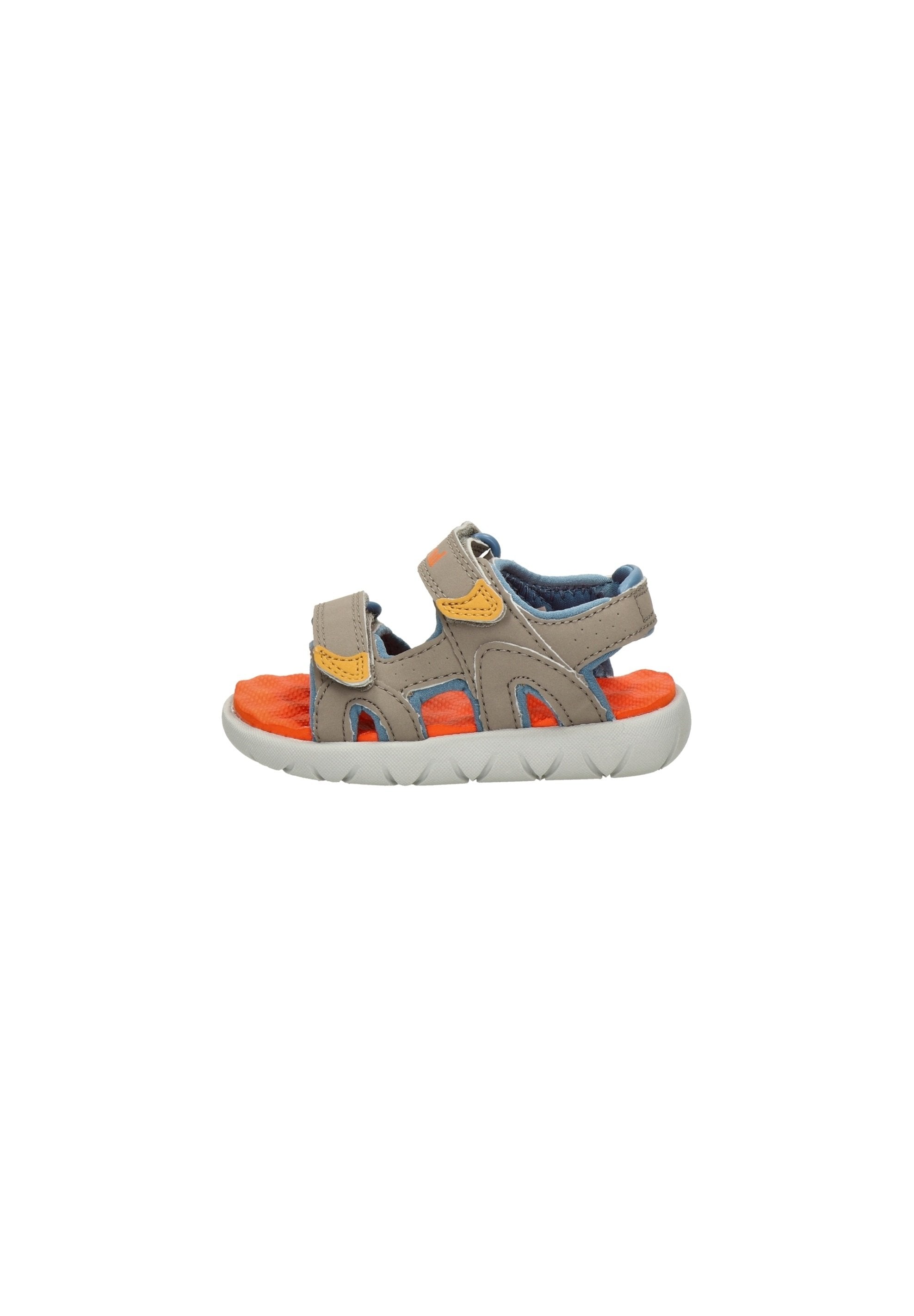 Graue und orangefarbene Kindersandalen mit verstellbaren Riemen und offenem Design, ausgestattet mit einer strukturierten Sohle und kontrastierenden blauen Akzenten.