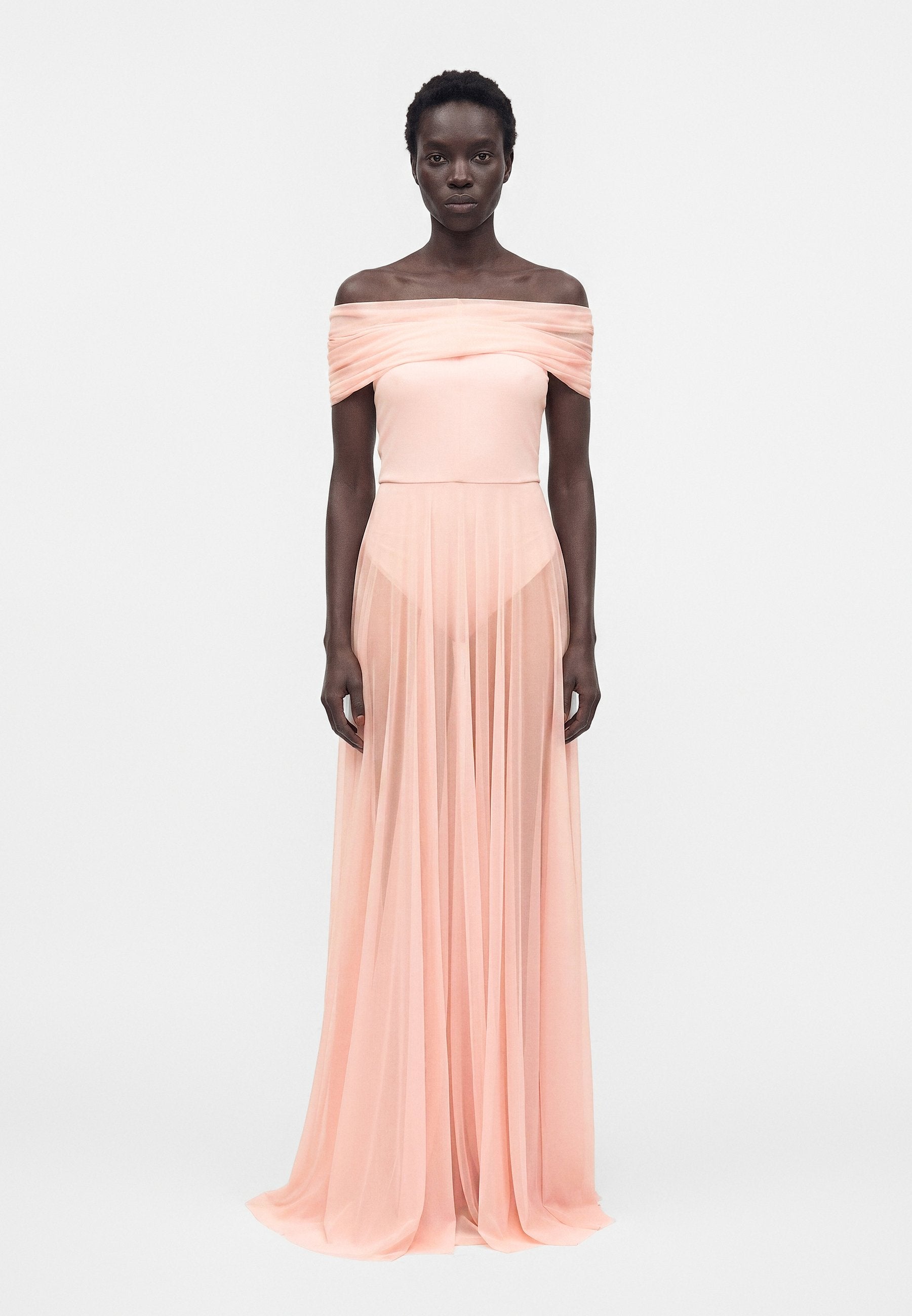 Norma Kamali COWL NECK OFF SHOULDER COMBO FLARED GOWN