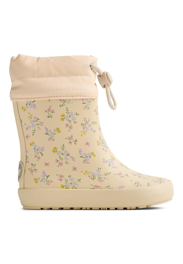 Gelber Gummiregenstiefel mit Blumenmuster, cremefarbenem Bund und Kordelzug. Strukturierte Sohle für Grip und gepolsterte Innenausstattung für Komfort.