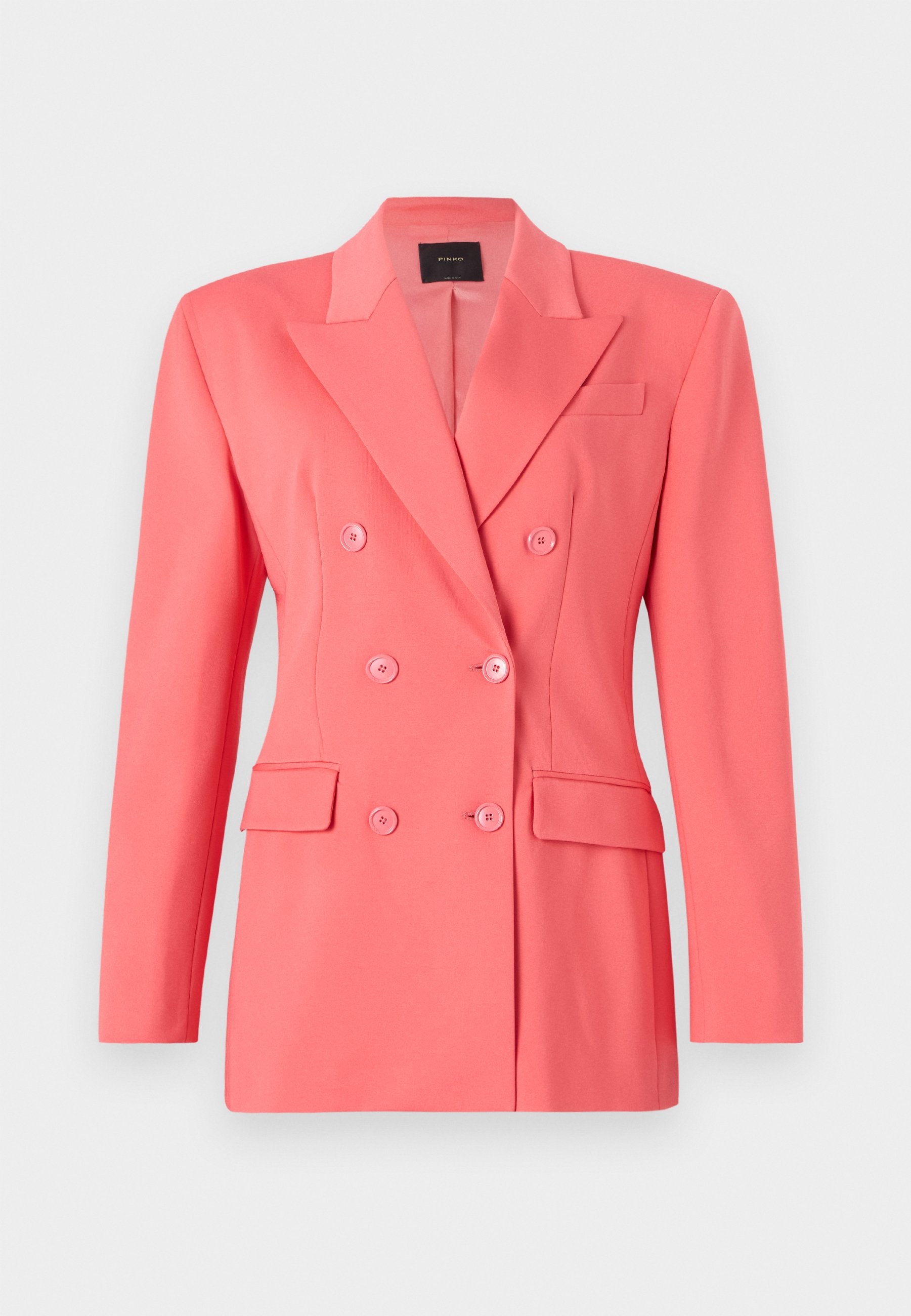 Korallenfarbener, doppelt geknöpfter Blazer mit strukturiertem Design, Reverskragen und zwei Vorderaschen. Aus glattem, leichtem Stoff gefertigt.