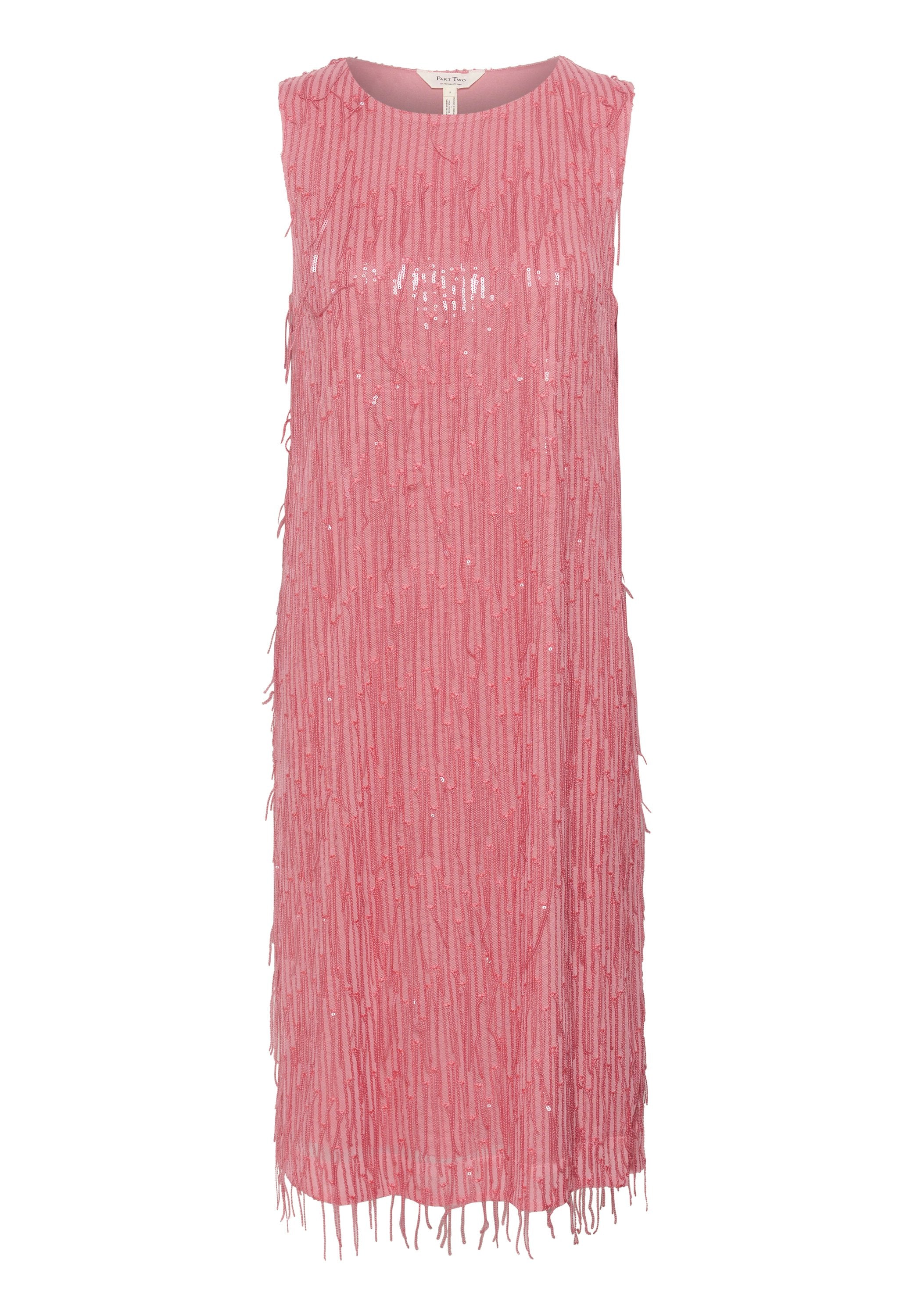 Ärmelloses pinkes Kleid mit Fransen-Design, ausgestattet mit vertikalen Pailletten und einer glatten Textur. Rundhalsausschnitt, knielanger Schnitt.