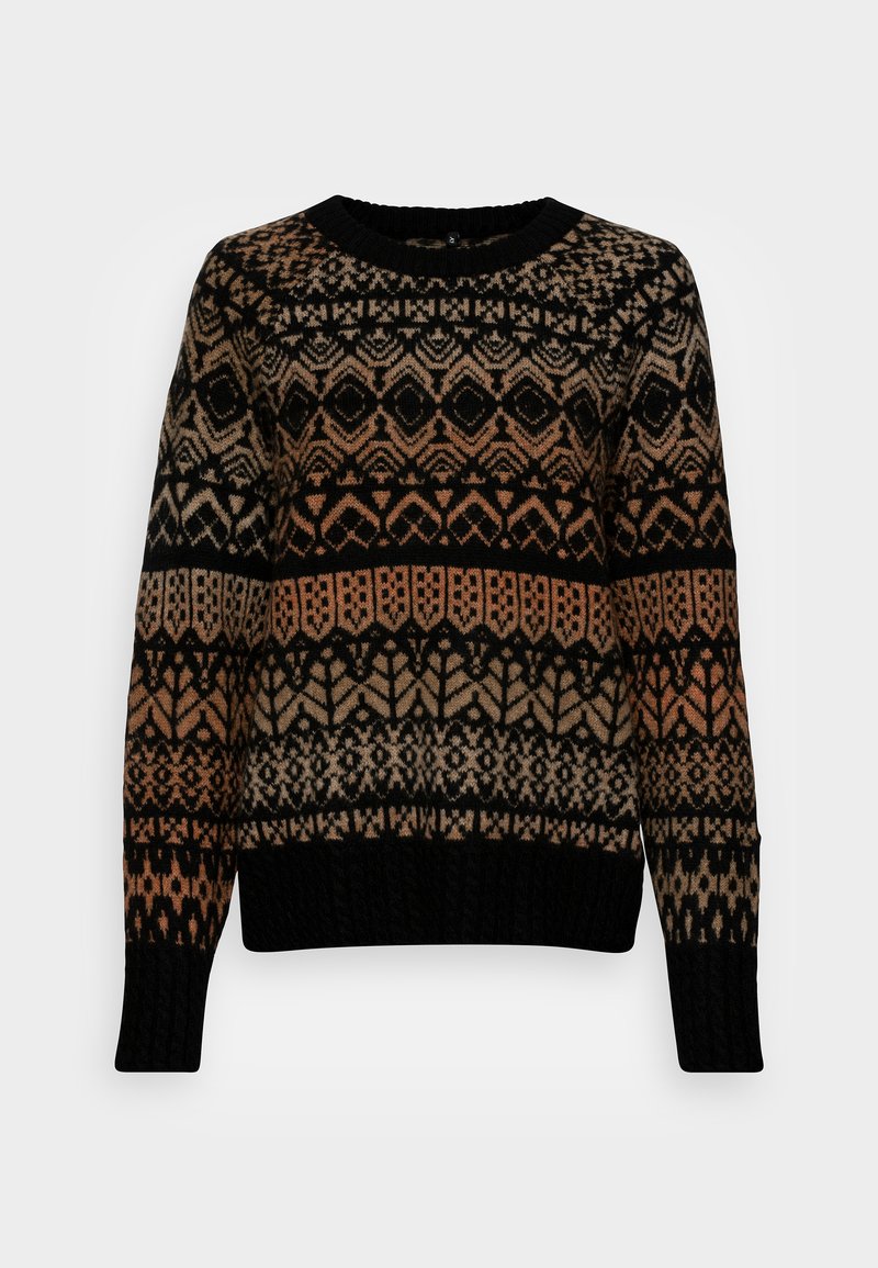 Strickpullover mit einem geometrischen Muster in Schwarz, Beige und Rost, Rundhalsausschnitt sowie gerippten Bündchen und Saum.