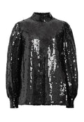 Schwarze Bluse mit langen Ärmeln und hohem Kragen, verziert mit Pailletten, die eine glänzende, strukturierte Oberfläche erzeugen.