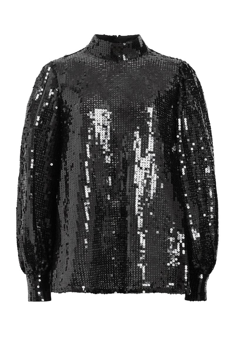 Schwarze Bluse mit langen Ärmeln und hohem Kragen, verziert mit Pailletten, die eine glänzende, strukturierte Oberfläche erzeugen.