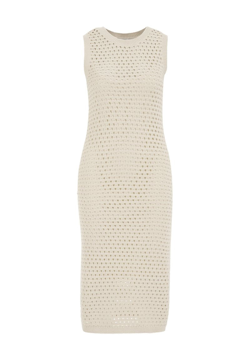 Strick-Midi-Kleid in Off-White. Hat ein strukturiertes Muster mit offenen Maschen. Ärmellos mit rundem Halsausschnitt und figurbetonter Silhouette.