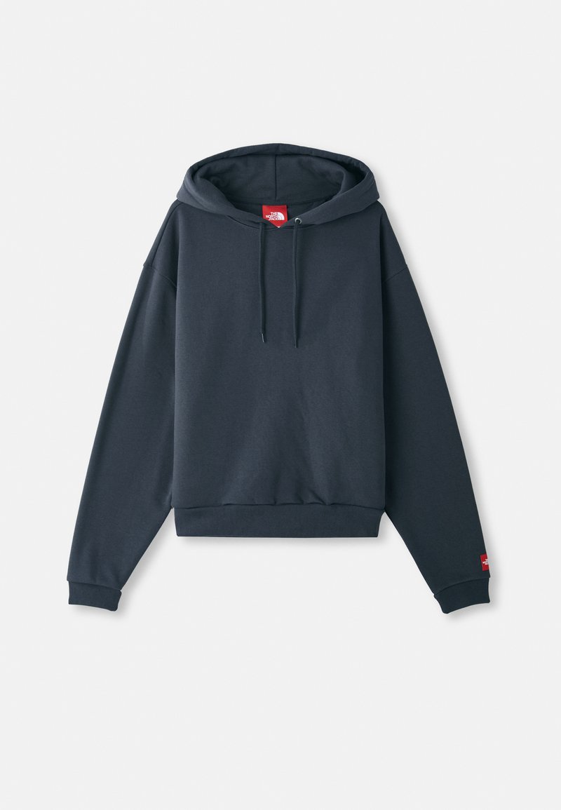 Navyblaues Kapuzensweatshirt aus weichem Stoff, mit einer Kängurutasche, gerippten Bündchen und einem Logotag auf der Vorderseite.
