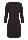 Schwarzes Kleid mit runder Halslinie, Dreiviertelärmel und geradem Schnitt. Glatter Stoff mit einem Reißverschluss auf der Rückseite.