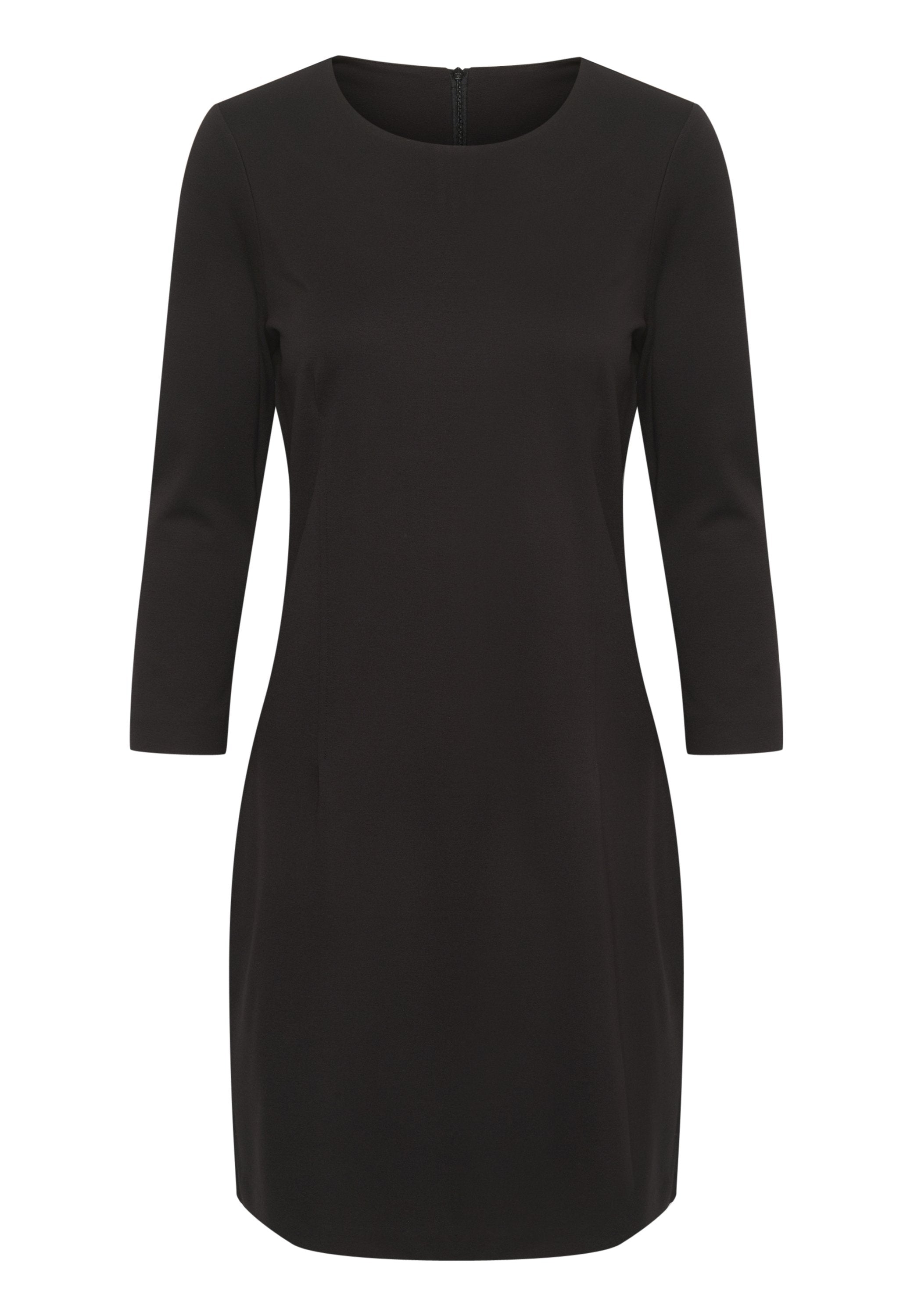 Schwarzes Kleid mit runder Halslinie, Dreiviertelärmel und geradem Schnitt. Glatter Stoff mit einem Reißverschluss auf der Rückseite.