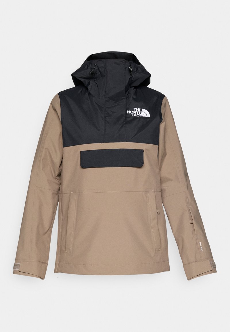 Beige und schwarze wasserdichte Jacke mit Kapuze, Fronttasche und elastischen Bündchen; verfügt über ein Logo auf der Brust und ein elegantes Design.