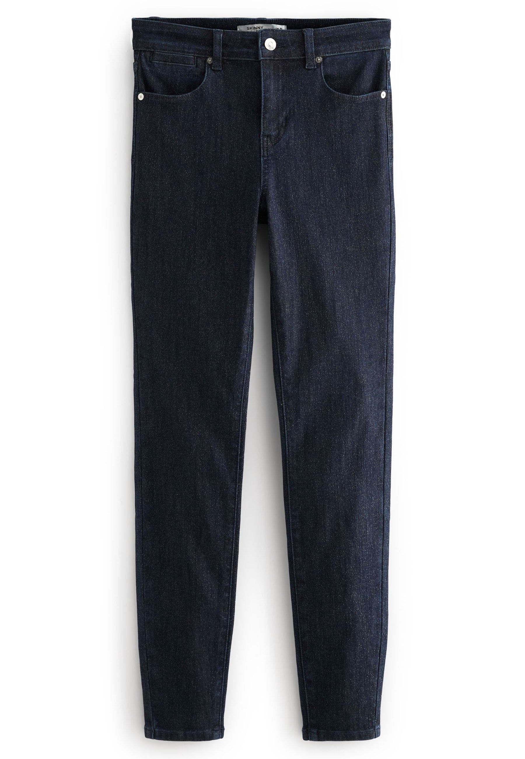 Dunkelblaue Skinny Jeans aus Denim-Stoff. Verfügt über fünf Taschen, einen Knopfverschluss und dezente Nähtdetails. Glatte Textur, schmal zulaufendes Bein.