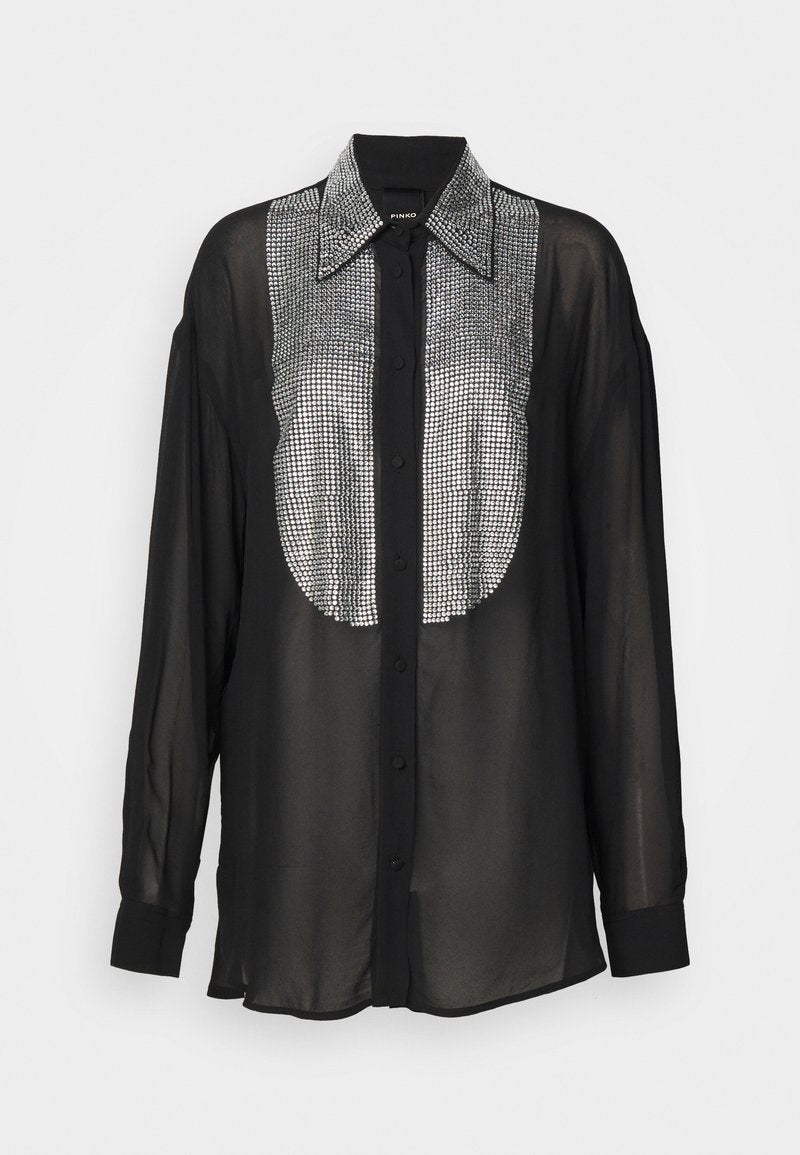 Schwarze Bluse mit langen Ärmeln, aus transparentem Stoff, mit einem vorne mit Kristallen verzierten Einsatz und einem klassischen Kragen mit Knopfverschluss.