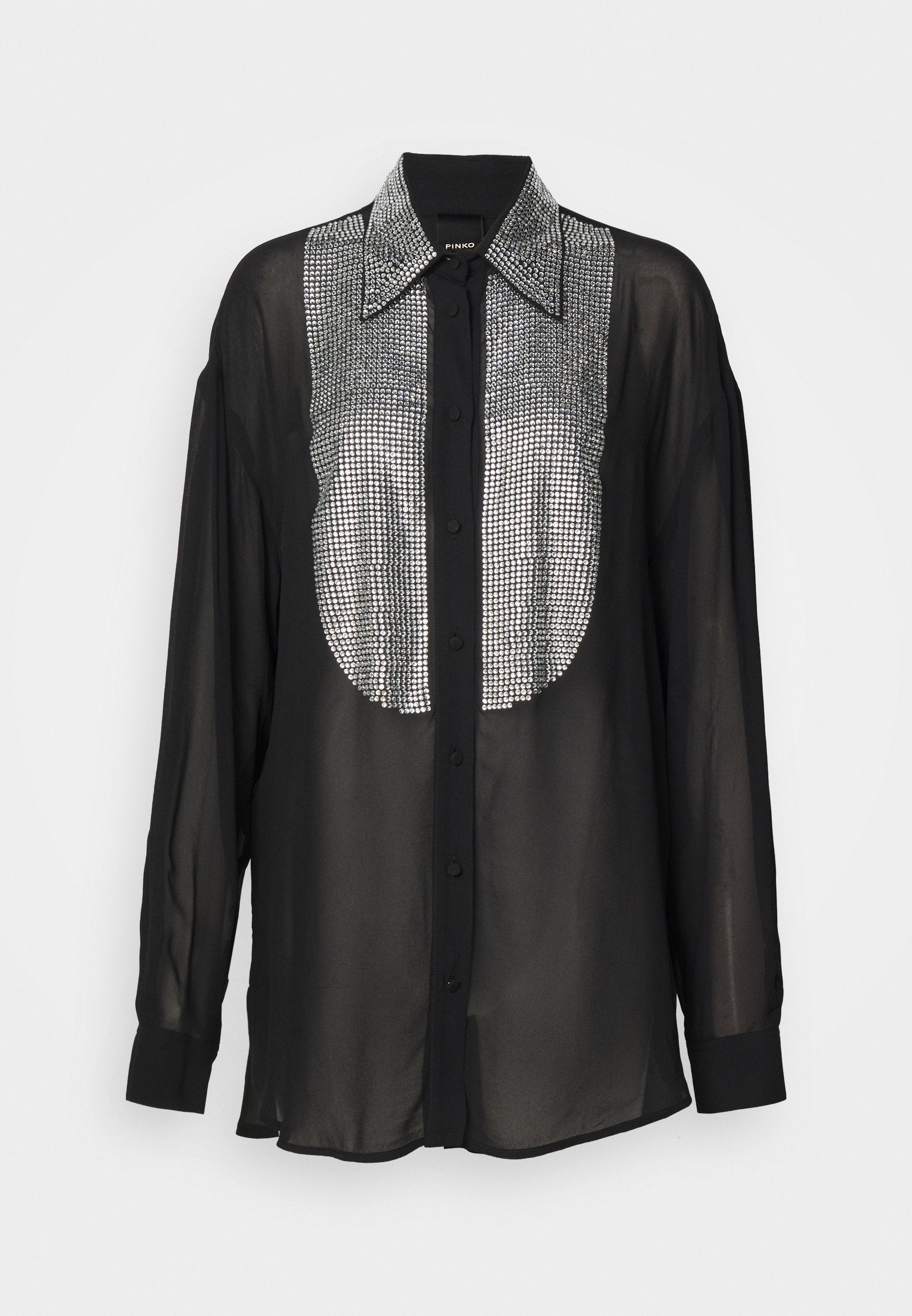 Schwarze Bluse mit langen Ärmeln, aus transparentem Stoff, mit einem vorne mit Kristallen verzierten Einsatz und einem klassischen Kragen mit Knopfverschluss.