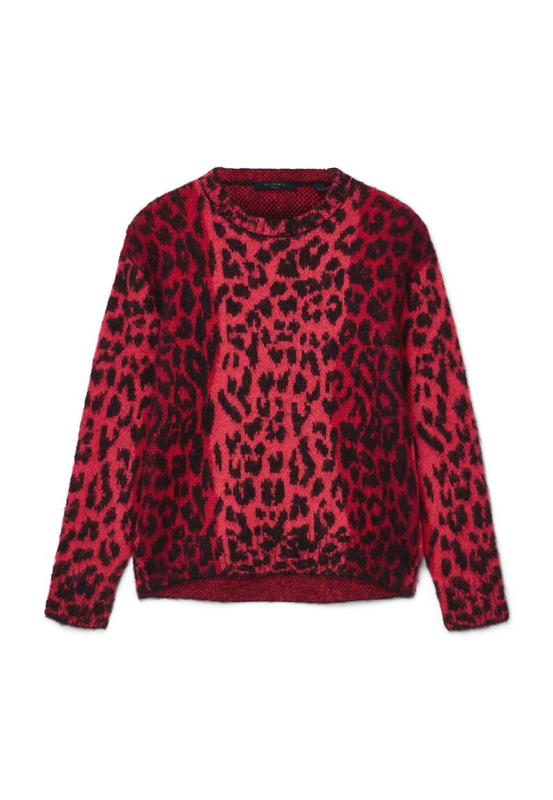 Rot-schwarzer Leopardenprint-Pullover, Rundhalsausschnitt, lange Ärmel, weicher Stoff, leicht oversize Passform, mit geripptem Saum und Bündchen.