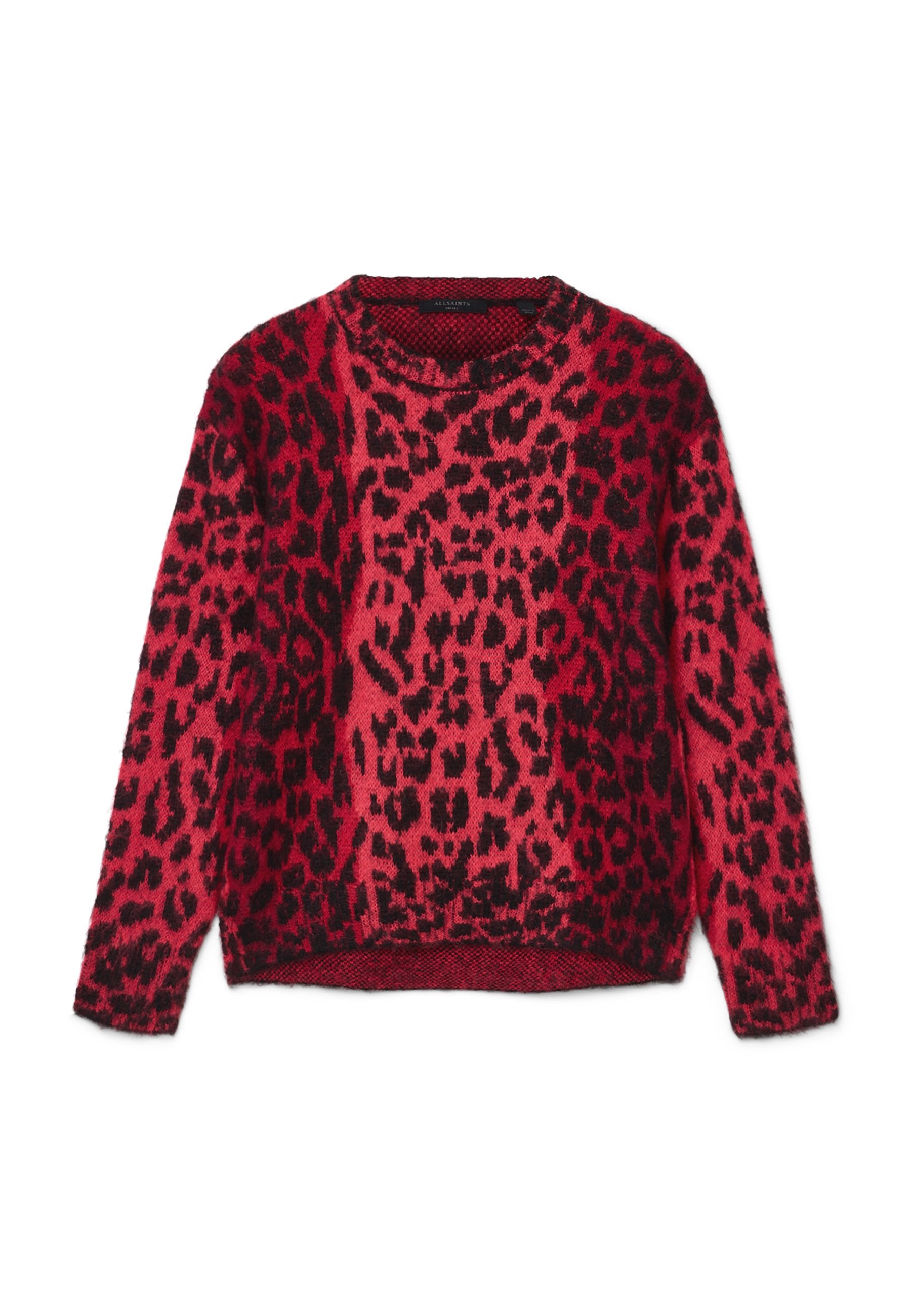 Rot-schwarzer Leopardenprint-Pullover, Rundhalsausschnitt, lange Ärmel, weicher Stoff, leicht oversize Passform, mit geripptem Saum und Bündchen.