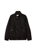Schwarze Wildleder-Bomberjacke mit Druckknöpfen, Reißverschlusskragen, schrägen Klappentaschen und verstellbarem Schnallen-Gürtel am Saum.