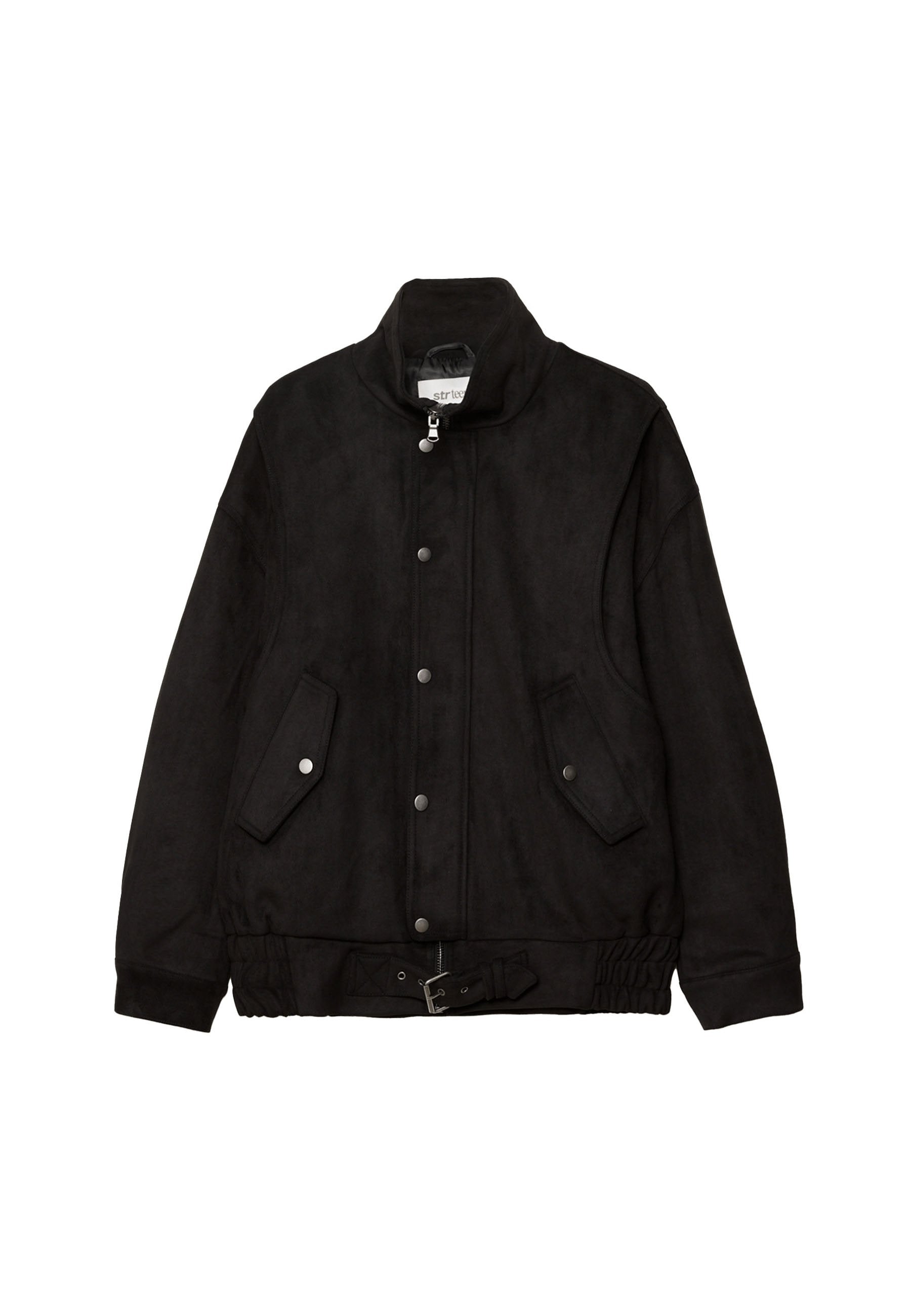 Schwarze Wildleder-Bomberjacke mit Druckknöpfen, Reißverschlusskragen, schrägen Klappentaschen und verstellbarem Schnallen-Gürtel am Saum.
