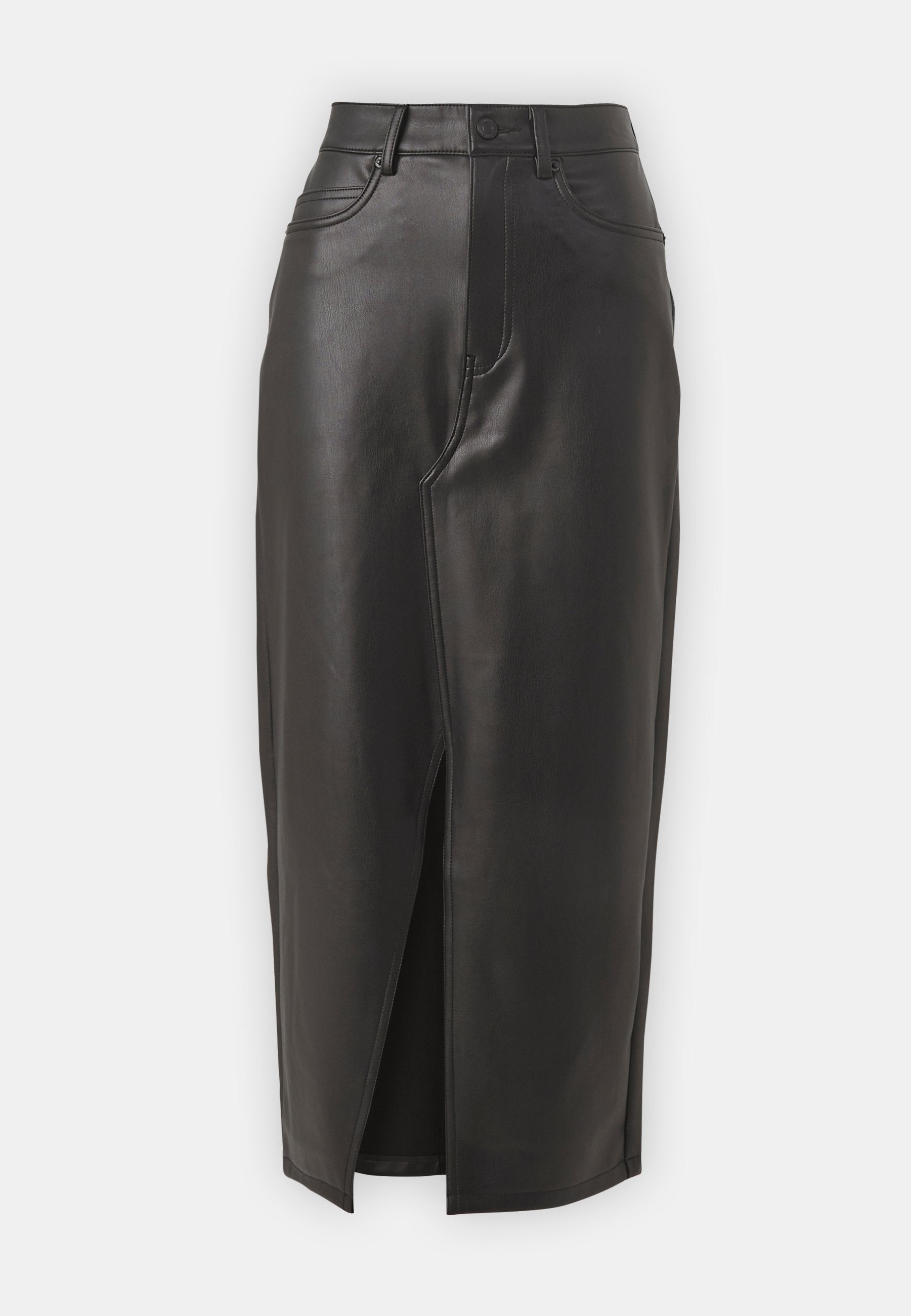 Schwarzer Leder-Midi-Rock mit Schlitz vorne, hohem Bund und fünf Taschen. Glatte Textur mit kontrastierenden Nähten.