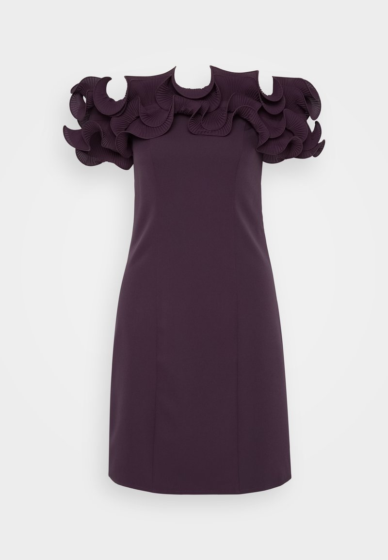 Lila Kleid mit taillierter Silhouette und strukturierten, texturierten Rüschensäumen, das einen glatten Stoff und ein durchdachtes Design zur Geltung bringt.