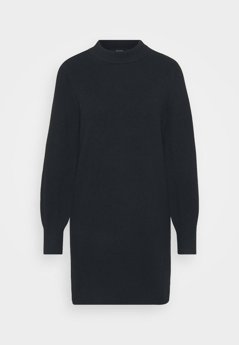 Schwarzes gestricktes Kleid mit hohem Kragen, langen Puffärmeln und gerippten Manschetten. Der Stoff hat eine glatte Textur und eine lässige Silhouette.