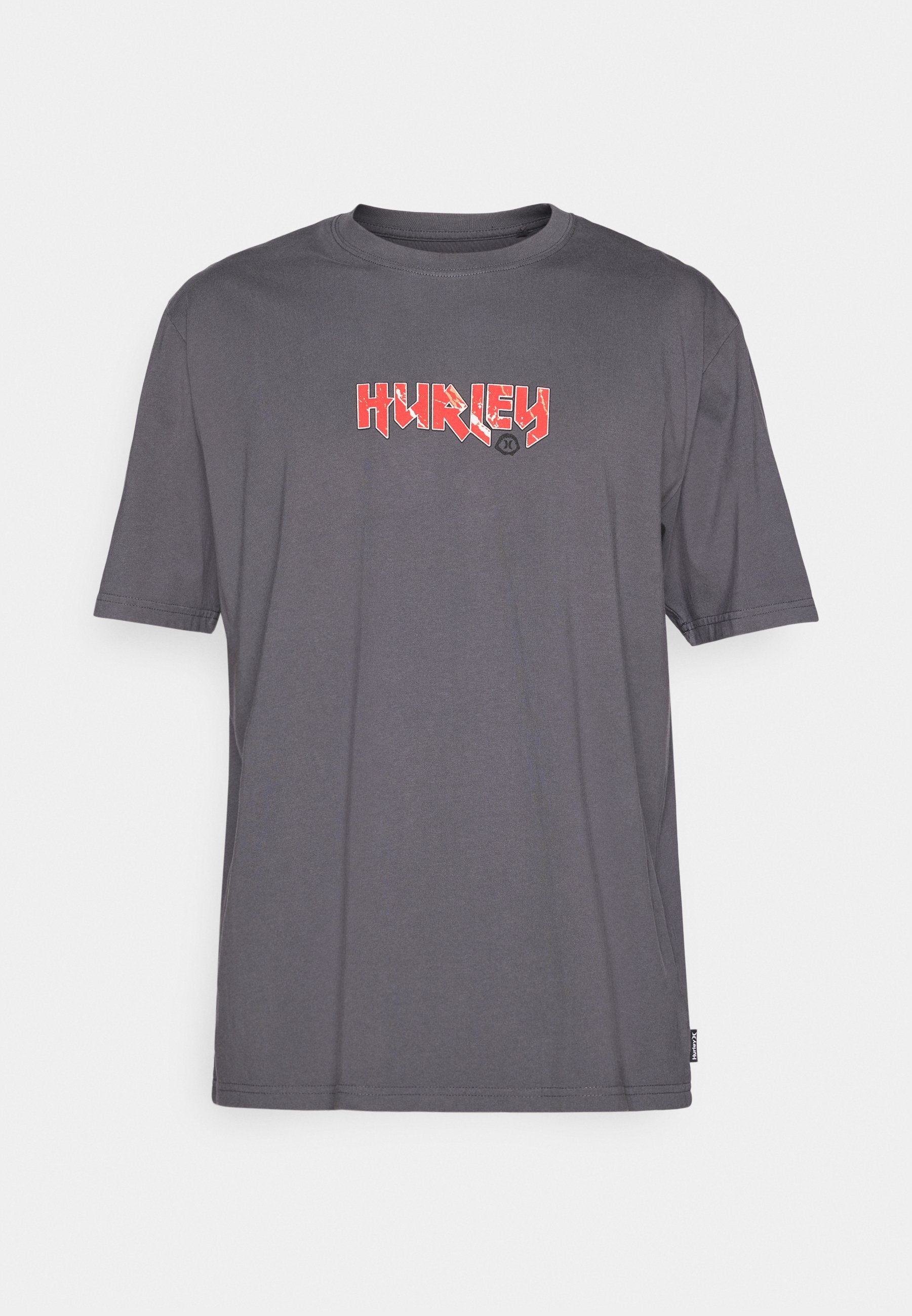 Graues Baumwoll-T-shirt mit kurzen Ärmeln, mit einem roten Logodesign auf der Vorderseite. Klassischer Rundhalsausschnitt und lässige Passform.