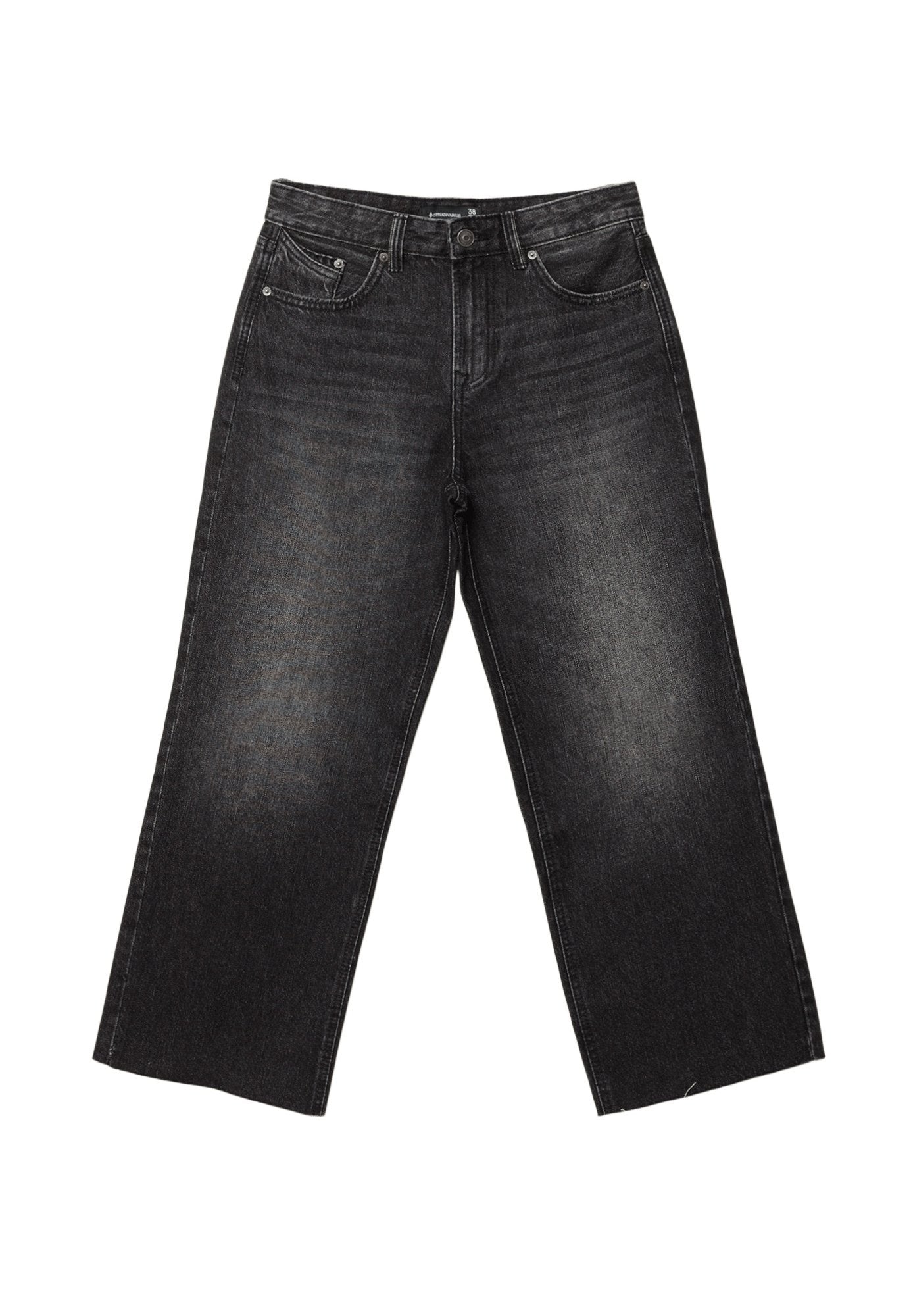 Schwarze Denim-Hosen mit weitem Bein und hoher Taille, vier Taschen und verblassten Details für einen abgenutzten Look. Klassische Nähte überall.