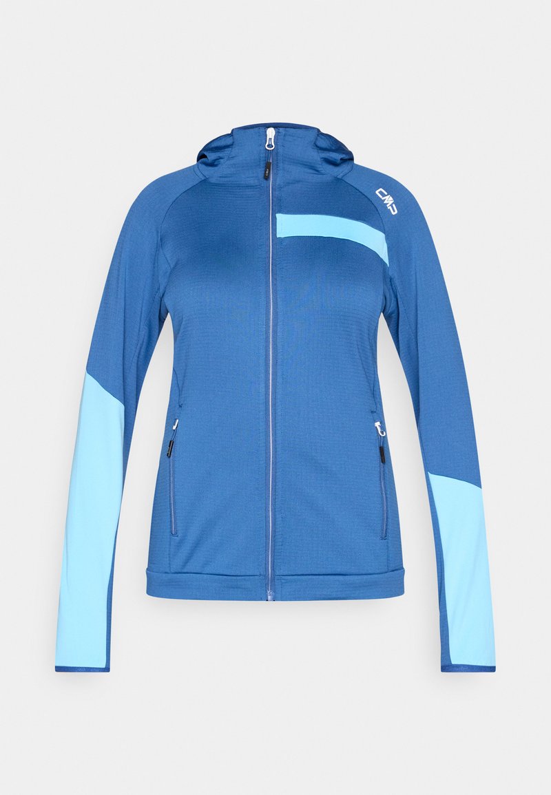 Blaue Kapuzenjacke mit durchgehendem Reißverschluss, hellblauen Ärmelpaneelen, Bruststreifen, zwei Reißverschlusstaschen an den Seiten und CMP-Logo auf der rechten Schulter.